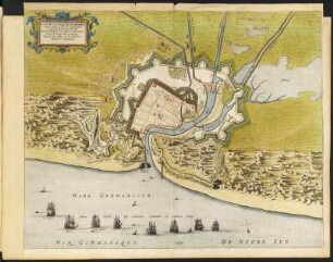Stadtplan von Dünkirchen, 1:6 000, kolorierter Kupferstich, 1649 : Plan De La Ville De Dunkerque Et de ses attaques, avec les retranchements des Espagnols, faicts en l'an 1646 : Par Monseigneur Le Duc D'Anguien, Prince du Sang, Pair de France, General des Armees de sa Maieste en Flandres et Luxembourg. [Ca. 1:6.000] / [Amsterdam] : [Joan Blaeu], [1649]. - 1 Pl. : Kupferst. ; 53,8 x 42,8 cm. - S oben. - Maßstab in graph. Form (Thoizes) - Vermutl. aus: Novum Ac Magnum Theatrum Urbium Belgicae Foederatae. [Teil 2] : Ad praesentis temporis faciem expressum / a Ioanne Blaeu, Amstelaedamensi
