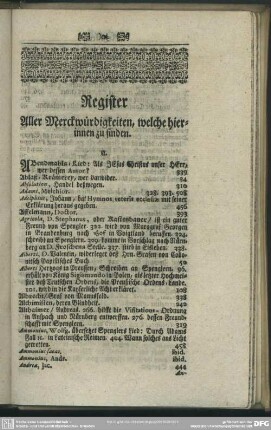Register Aller Merckwürdigkeiten, welche hierinnen zu finden