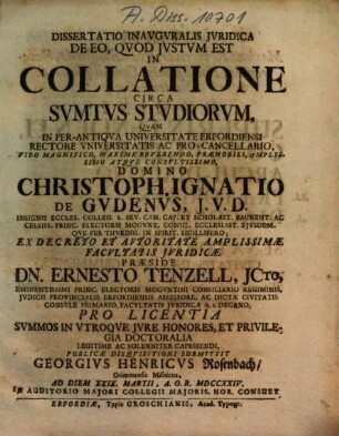 Dissertatio inauguralis iuridica de eo, quod iustum est in collatione circa sumtus studiorum