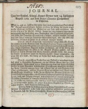 Journal Von der Kaiserl. Königl. Haupt-Armee vom 24. bis letzten Augusti 1760. aus dem Haupt-Quartier Cunzendorf in Schlesien