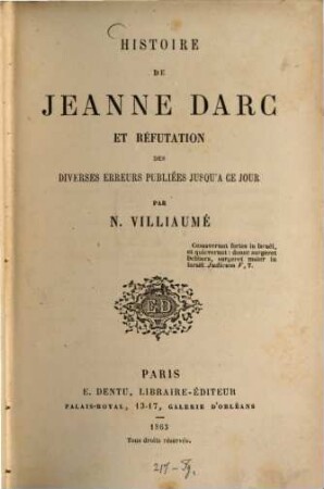 Histoire de Jeanne Darc et réfutation des diverses erreurs publiées jusqu'à ce jour