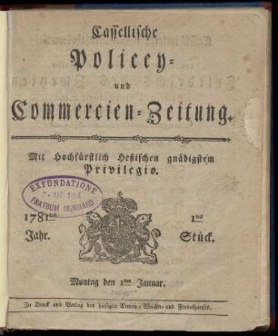 1781tes Jahr. 1tes Stück. Montag den 1ten Januar