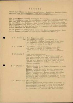 Entwurf einer Empfehlung der Arbeitsgemeinschaft Hamburger Frauenorganisationen zum Notdienstgesetz der Bundesregierung