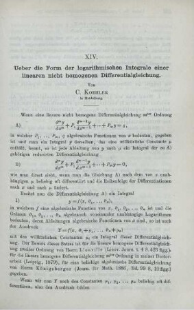 XIV. Ueber die Form der logarithmisclieii Integrale einer linearen nicht homogenen Differentialgleichung.