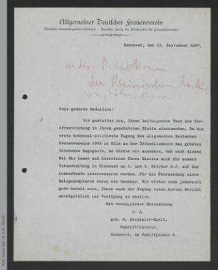Rundschreiben von Mathilde Drechsler an Zeitungsredaktionen