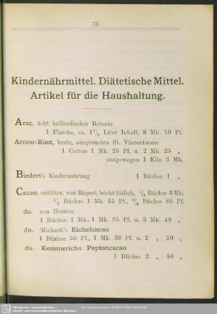 Kindernährmittel. Diätetische Mittel. Artikel für die Haushaltung