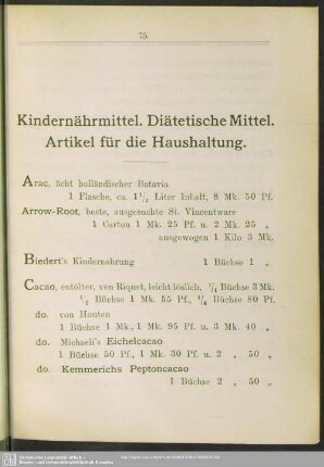 Kindernährmittel. Diätetische Mittel. Artikel für die Haushaltung