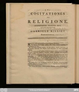 Cogitationes De Religione. Disputatio Habita Est, Respondente Gabriele Rilliet Genevensi.