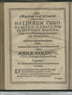 Ad Magnificum Clariß. & Consultiß Virum Dominus