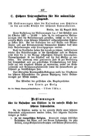 Bestimmungen über die Aufnahme von Schülern in die unterste Klasse der höheren Lehranstalten : [C. Höhere Lehranstalten für die männliche Jugend]