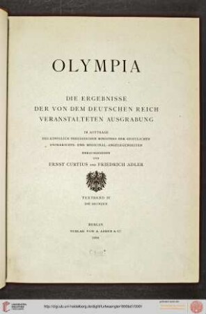 Textband 4: Olympia: die Ergebnisse der von dem Deutschen Reich veranstalteten Ausgrabung: Die Bronzen und die übrigen kleineren Funde von Olympia