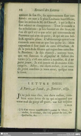 Lettre DXIII. A Paris, ce Lundi, 31. Janvier, 1689
