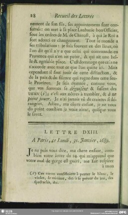 Lettre DXIII. A Paris, ce Lundi, 31. Janvier, 1689