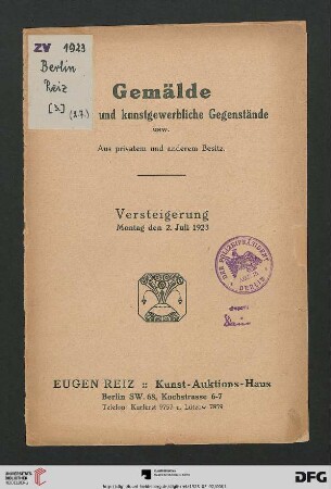 Gemälde, Mobiliar und kunstgewerbliche Gegenstände usw. aus privatem und anderem Besitz : Versteigerung 2. Juli 1923