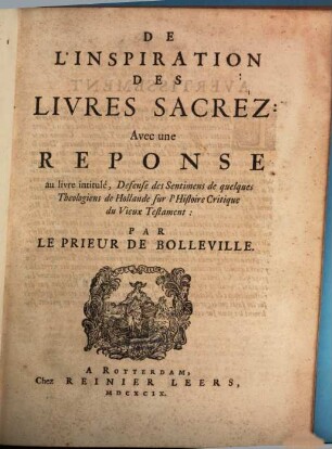 De L'Inspiration des Livres Sacrés : avec une reponse ...