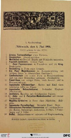 I. Auctionstag: Mittwoch, den 1. Mai 1901, präcise 10 Uhr (Nr. 1-200)