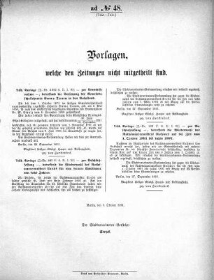 Anlage: ad No.48 (742-744.), Vorlagen, welche den Zeitungen nicht mitgeteilt sind