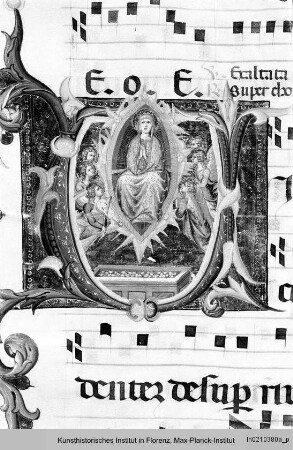 Antiphonar zu Dante Alighieri : Textseite mit historisierter Initiale U: Himmelfahrt Mariens
