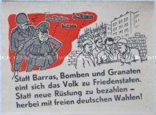 Illustrierter Klebezettel aus der DDR zur Verbreitung in Berlin (West) gegen Wiederbewaffnung und für freie Wahlen