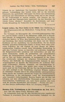 367 [Rezension] Lentner, Leopold, Das Wort Gottes in der Schule