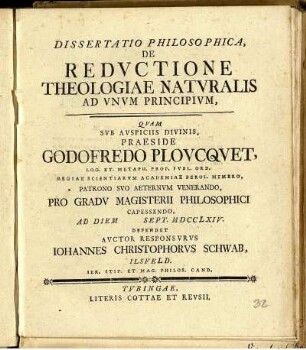 Dissertatio Philosophica, De Reductione Theologiae Naturalis Ad Unum Principium