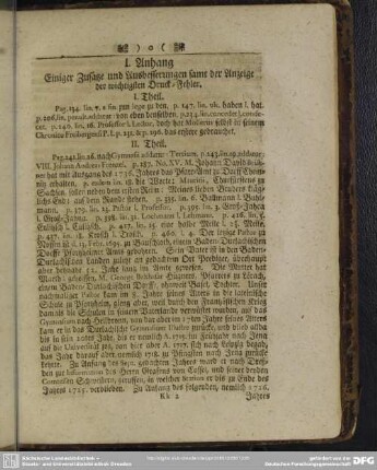 I. Anhang Einiger Zusätze und Ausbesserungen samt der Anzeige der wichtigsten Druck-Fehler