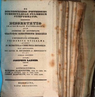 De dignoscendis phthiseos tuberculosae pulmonum symptomatis : Diss. inaug. path.
