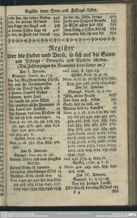 Register über die Lieder und Verse, so sich auf die Sonn- und Festtags-Evangelia und Episteln schicken