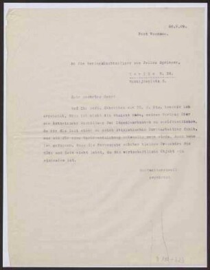 Schreiben an die Verlagsbuchhandlung Julius Springer, Berlin (Brief)