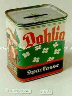 Blech-Spardose mit Werbeaufdruck "Dahlia Sparkasse"