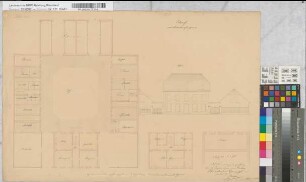 Entwurf eines Landwirtschaftsgebäude mit Stallungen und Scheune. Vorderansicht und Grundrisse z.T. kolorierte Probezeichnung von J.H. Compes