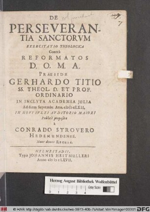 De Perseverantia Sanctorum Exercitatio Theologica Contra Reformatos