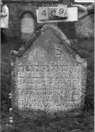 Grabstein 409 (Index: 100107910) Material: Kalkstein Zustand: stark verwittert, eingesunken, weitgehender Textverlust Maße HxBxT: 109x71x18 cm Beschreibung: Stele mit eingezogenem hohem Dreiecksgiebel, Schriftfeld eingetieft: Grabstein 409