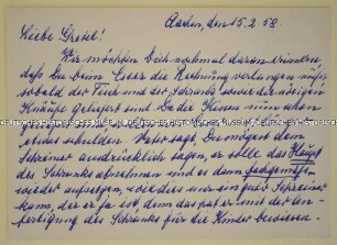 Brief an die Journalistin Margarete Pirich von ihren Eltern mit Ratschlägen zu einem Möbelkauf