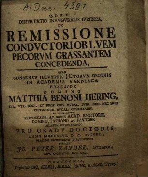 Dissertatio inauguralis iuridica de remissione conductori ob luem pecorum grassantem concedenda