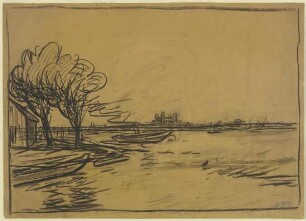 Flusslandschaft mit romanischem Kirchbau (Speyerer Dom?)