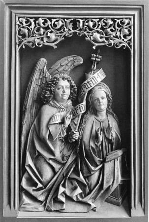 Relief mit Verkündigung : Relief mit Verkündigung. Holz, geschnitzt, gefaßt (um 1530). Lienz, Pfarrkirche Sankt Andreas