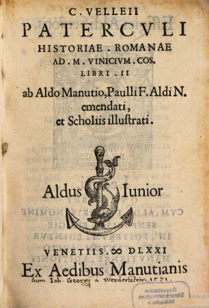 C. Veleii Paterculi Historae Romanae ad M. Vinicium Cos. libri II.