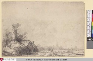 [Hütte an einem Kanal mit Ansicht von Ouderkerk; Cottage beside a Canal with a View of Ouderkerk; La barque à la voile]