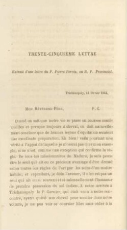 Trente-cinquième lettre. Extrait d'une lettre du P. Pierre Perrin, au R. P. Provincial