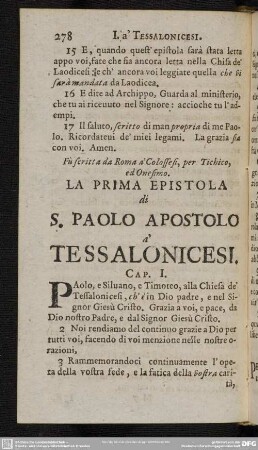 La Prima Epistola di S. Paolo Apostolo a' Tessalonicesi
