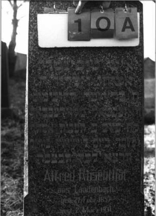 Grabstein 10 (Index: 100116087) Material: Granit, poliert Zustand: gut Maße HxBxT: 154x42x16 cm Beschreibung: aufgesockelte Stele mit rechteckig erhöhtem, giebelartigem Abschluß Symbolik: Traubenzweig: Grabstein 10A