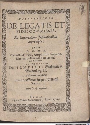 Disputatio . XI. de legatis et fideicommissis, ex imperialibus institutionibus deprompta