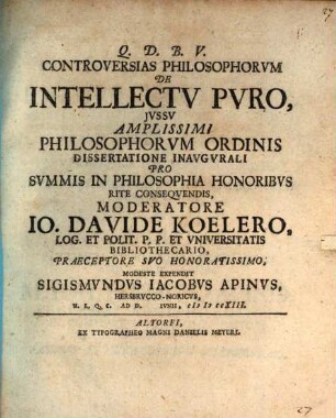 Controversias philosophorum de intellectu puro