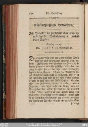 Fünfundfunfzigste Betrachtung. Jesu Verhalten im gesellschaftlichen Umgange und bey der Theilnehmung an unschuldigen Freuden.