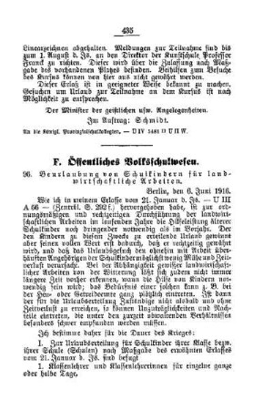 Beurlaubung von Schulkindern für landwirtschaftliche Arbeiten : [F. Öffentliches Volksschulwesen]