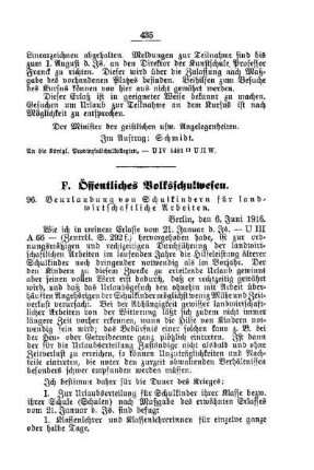 Beurlaubung von Schulkindern für landwirtschaftliche Arbeiten : [F. Öffentliches Volksschulwesen]