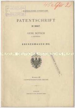 Patentschrift einer Dreschmaschine, Patent-Nr. 9087