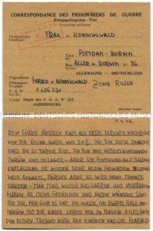 Vordruck-Postkarte von Harald von Koenigswald aus dem Kriegsgefangenenlager Sarrebourg an seine Frau mit Dank für die erste Nachricht - Familienkonvolut
