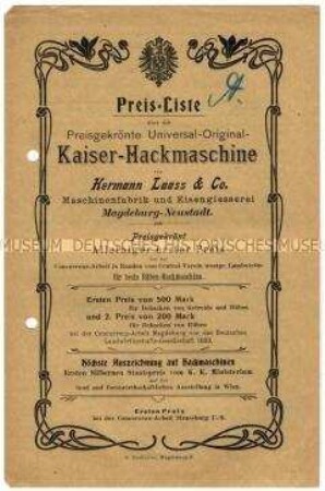 Preisliste über Hackmaschinen